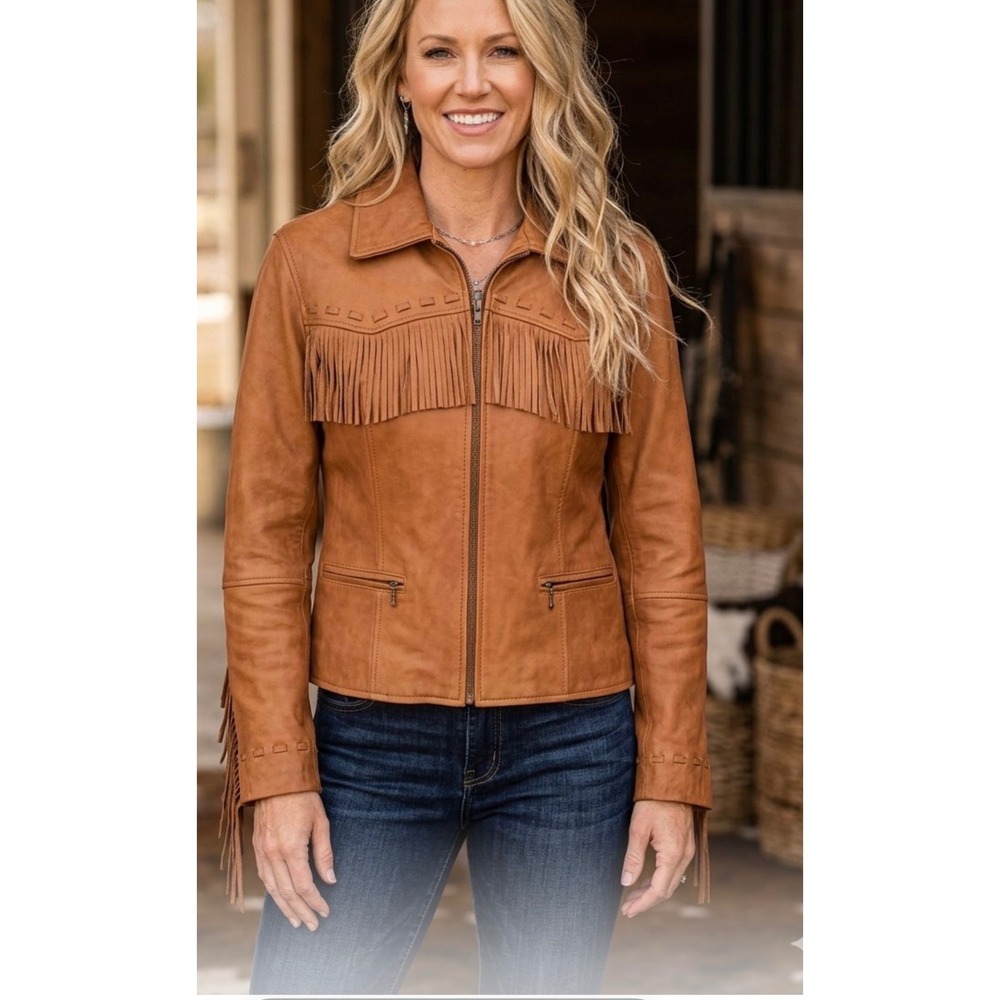 Emotion Fashions Brown Leather Fringe Western Jacket Suede Whipstitch Size 66